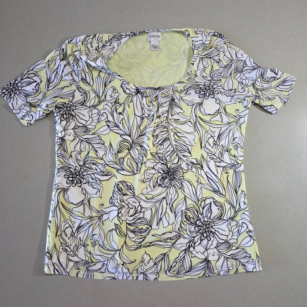 Chicos Yellow Floral Short Sleeve Scoop Neck Mesh Top Size 3 Large XL RN79984